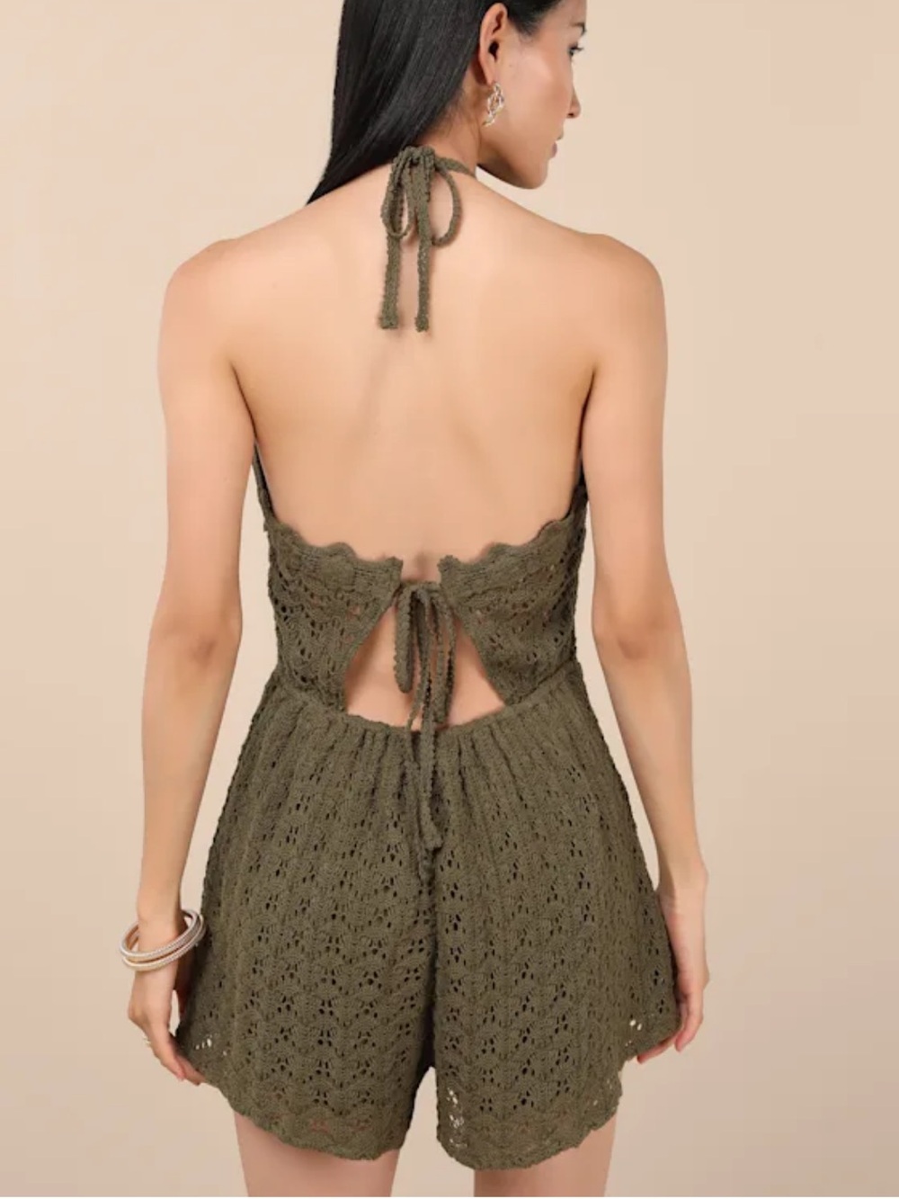 Lulu's Olive Green Crochet Halter Romper - Picture 2 of 5